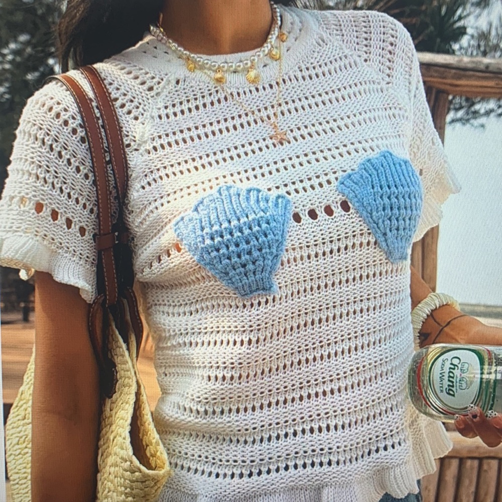 Crochet Shell Accent Open-Knit Short Sleeve Top - White & Light Blue - Picture 3 of 4